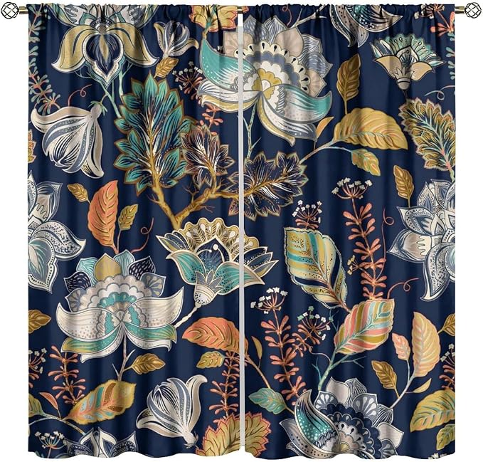 Bohemian Botanical Blackout Curtains, Abstract Ethnic Tribal Mandala Floral Print Window Treatments, Suitable for Bedrooms, Living Rooms and Kitchens.63X72 Inch
