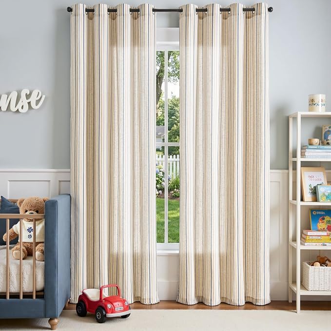 jinchan Linen Curtains 84 inch Blue Stripe for Kids Room Grommet 2 Panels | Kids Curtains for Nursery Living Room Bedroom Baby Boys Room,Cute Colorful Ticking Stripe,Cottagecore Rustic,Light Filtering