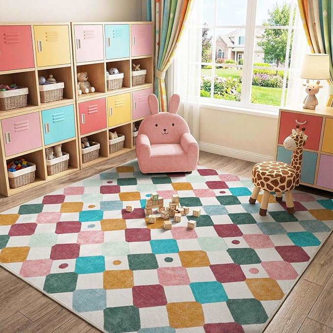jinchan Macy Kids Area Rug for Classroom 8'x8' Square Rug Modern Colorful Nursery Rug Checkered Diamond Play Mat Washable Soft Non Slip Carpet for Playroom Bedroom Daycare Confetti on Cream
