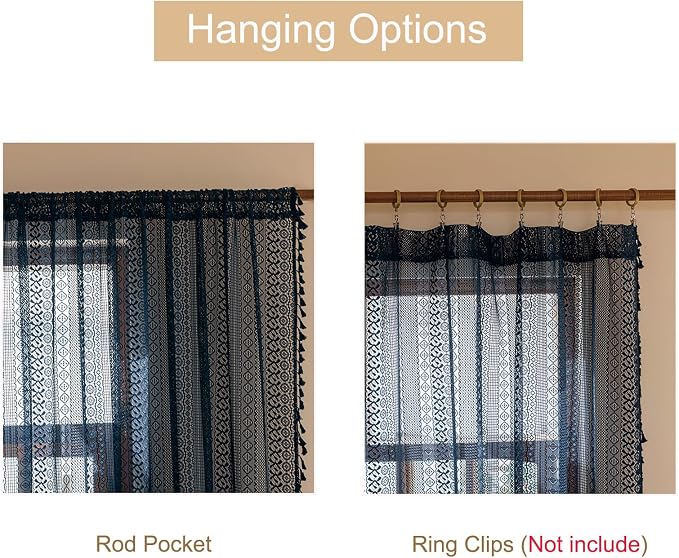 Sutuo Home Navy Blue Boho Curtains 2 Panels 84 Inches Long for Bedroom Living Room, Semi Sheer Macrame Lace Crochet Privacy Farmhouse Vintage Tassels Retro Strips Window Curtains Decor Rod Pocket,50"W