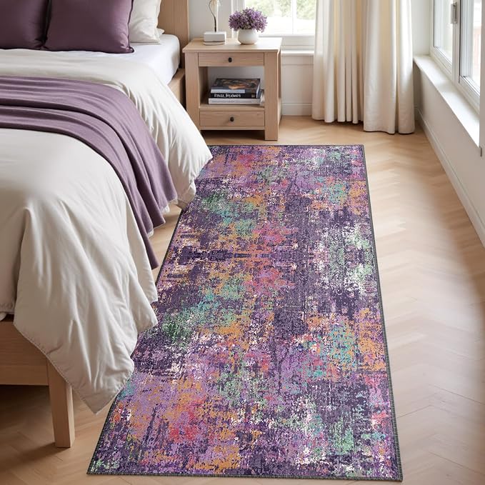 RELEANY Washable Area Rugs 2'x8' Non-Slip Modern Abstract Soft for Living Room Entryway Bedroom Kitchen, Print Pattern, Purple Orange Blue Green Rust Red Colorful