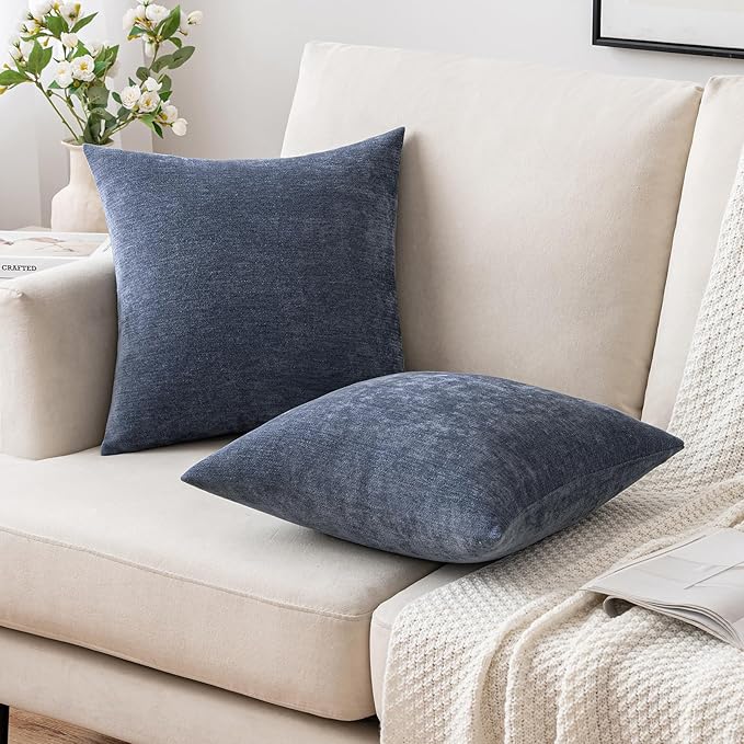 MIULEE Pack of 2 Blue Decorative Pillow Covers 20x20 Inch | Soft Chenille Couch Throw Pillows Farmhouse Cushion Covers for Home Decor Sofa Bedroom Living Room