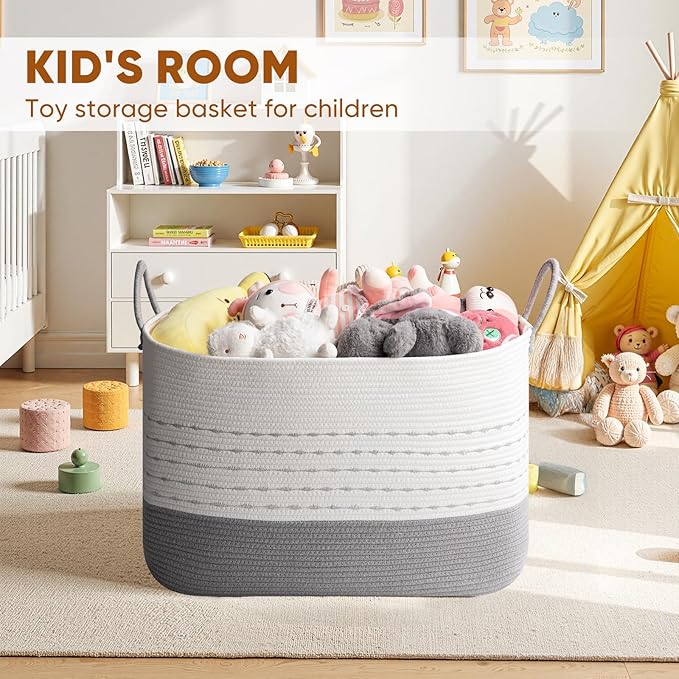 OIASKET XXL Large Blanket Basket for Living Room, 108L Woven Storage Baskets for Organizing, Rectangle Cotton Rope Basket Toy Chest With Handles-Grey & White