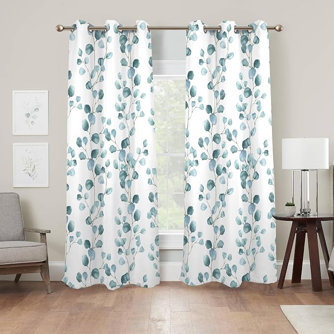 Renaiss Eucalyptus Leaf Curtains Green Eucalyptus Print Blackout Window Drapes for Bedroom Botanical Grommet Top Thermal Insulated Window Curtains for Living Room 29W x 55L 2 Panel Set