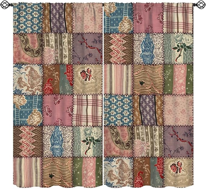 Patchwork Boho Blackout Curtains Colorful Vintage Bohemian Flower Pattern Window Drapes for Bedroom Living Room Kitchen Cafe （W42xL84 Inch） x2 Panels