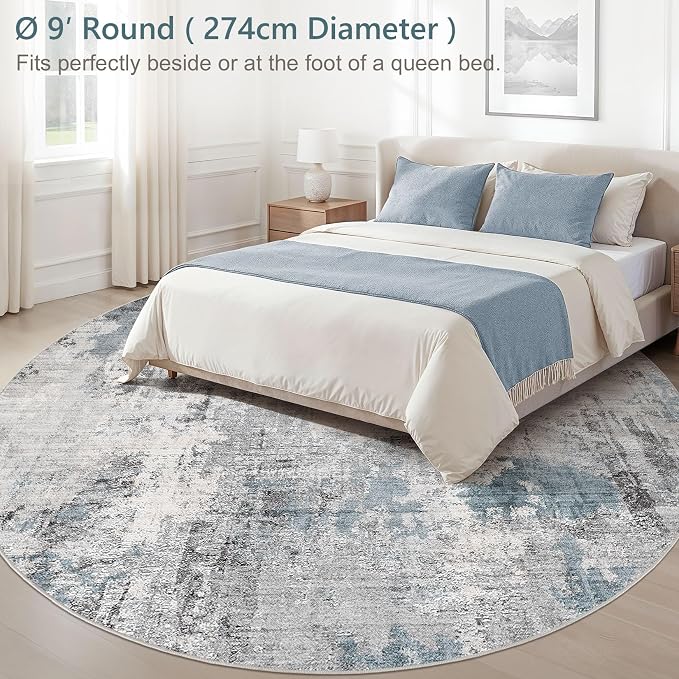 Abstract 9FT Round Rug: Machine Washable Non Slip Ultra Thin Low-Pile Carpet, Soft Stain Resistant for Living Dining Room Bedroom, Kid Pet Friendly, Robot Vacuum Compatible - Grey Blue