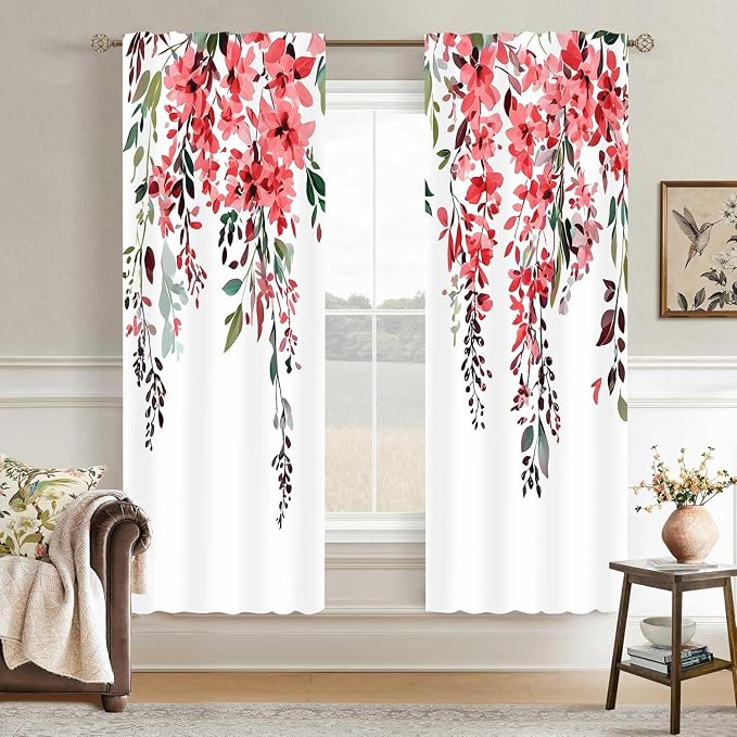 Red Watercolor Floral Curtains, Botanical Leaves Vine Flowers Curtain, Rustic Farmhouse Flower Leaf Blackout Window Treatment Drapes for Bedroom Living Room 52x72 inch, 2 Panels