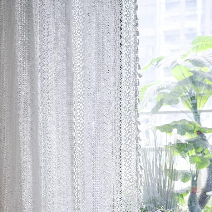 Sutuo Home Boho Sheer Curtain 108 Inches Long, Crochet Lace with Bohemian Hollow Knitted Handmade Tassels,Vintage Farmhouse Window Treatment for Bedroom, Rod Pocket, 1 Panel 59" W x 108" L, White