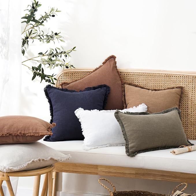 Foindtower Set of 2 Decorative Linen Fringe Throw Pillow Covers Cozy Boho Farmhouse Cushion Cover with Tassels Soft Accent Pillowcase for Couch Sofa Bed Living Room Home Decor, 26×26 Inch, Khaki Brown