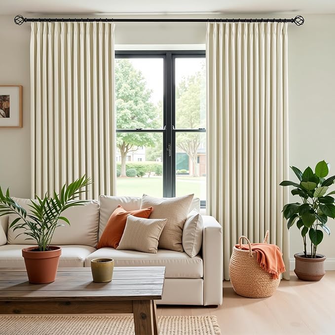 Cream Beige Pinch Pleated Full Blackout Linen Curtains for Bedroom, Black Out Curtains 95 Inches 1 Panel for Living Room Darkening Thermal Insulated Neutral Pleat Drapes with 12 Hooks, 70''Wx95''L