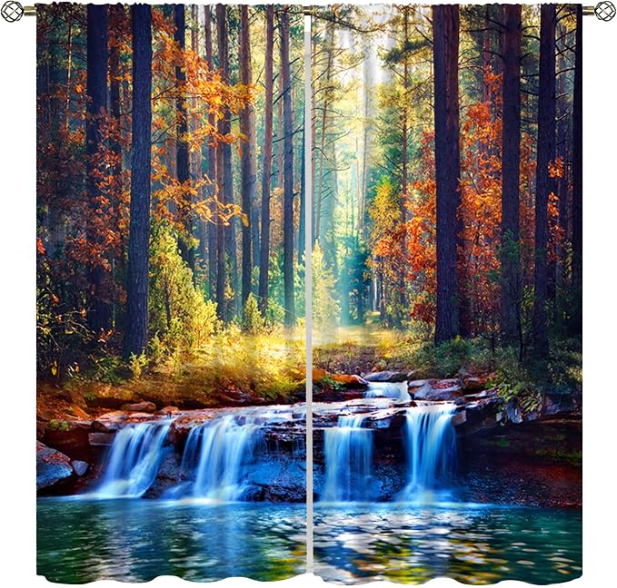 Natural Forest Blackout Curtains for Kitchen,Vintage Rustic Primitive Maple Forest Waterfall River Landscape Window Drapes Print for Boys Girls Bedroom Living Room 52x84in