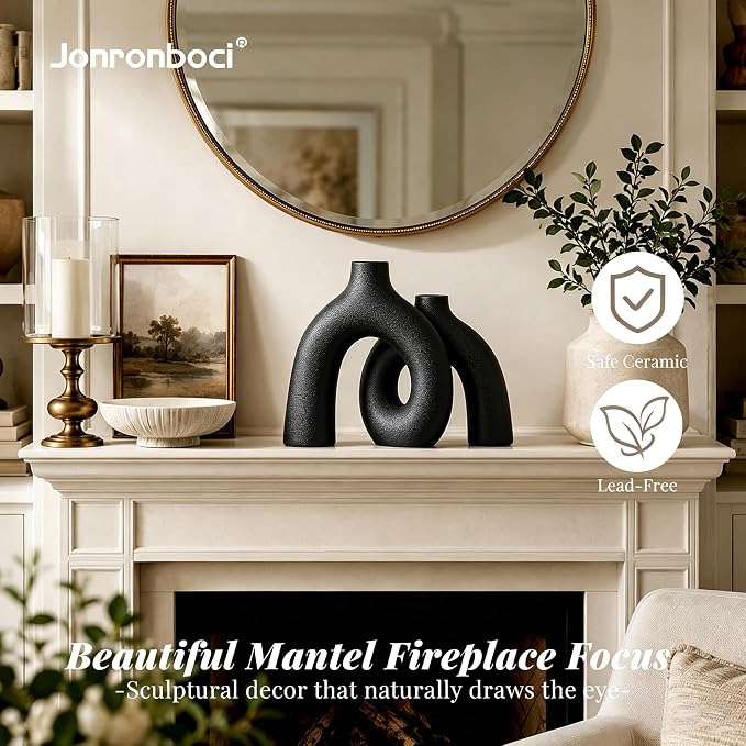 Matte Black Vase Set - Hug Hollow Donut Aesthetic Ceramic Vases Home Decor, Modern Nordic Minimalist Decorative Vase for Table Centerpiece Bookshelf Office Entryway Console Fireplace (Black)