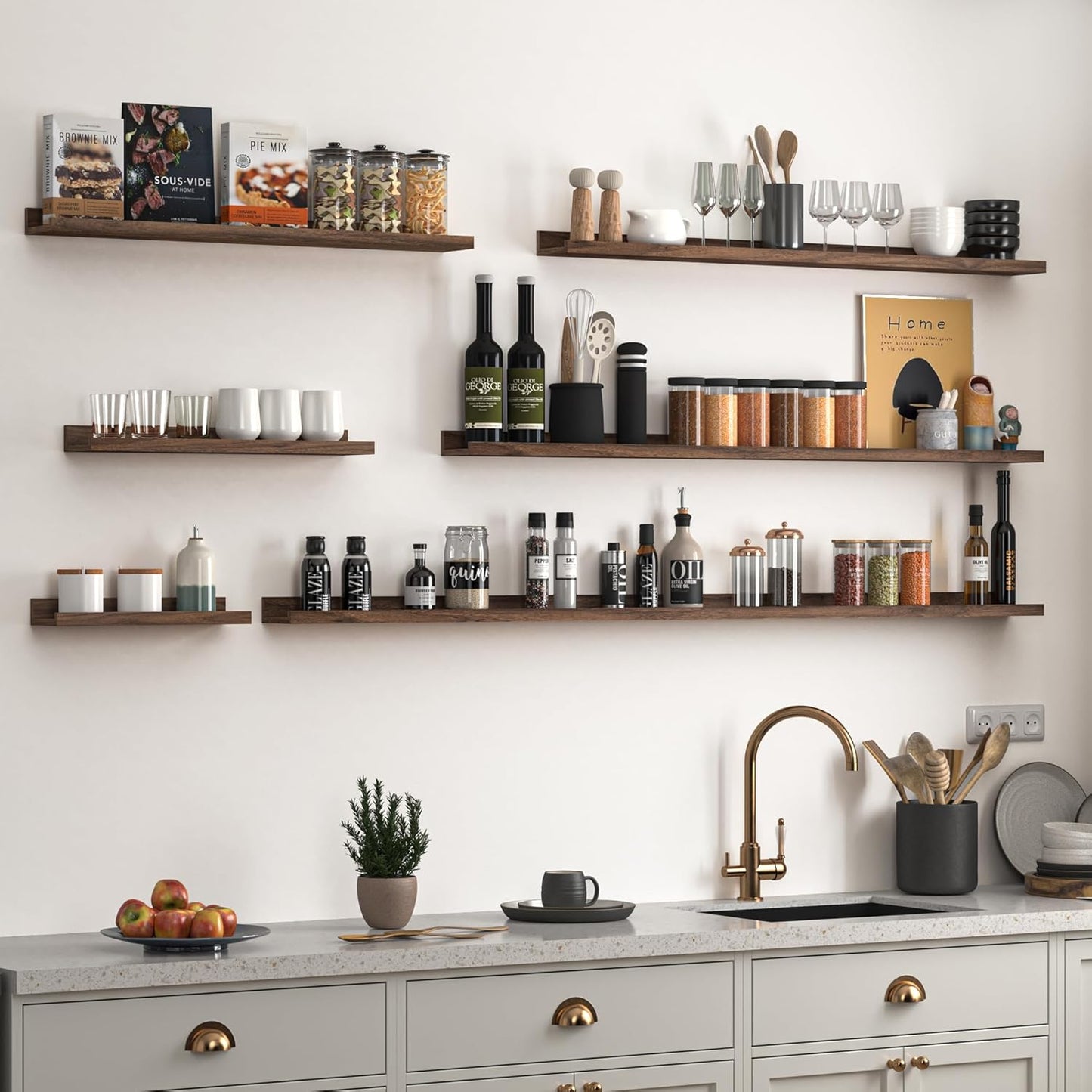 Heimlove Picture Ledge Shelf, Floating Shelves Set of 2, 36 Inches Picture Shelf for Wall with Ledge, Kids Bookshelf Wall Mounted for Living Room Bedroom Decor Books Photo Frames - Walnut