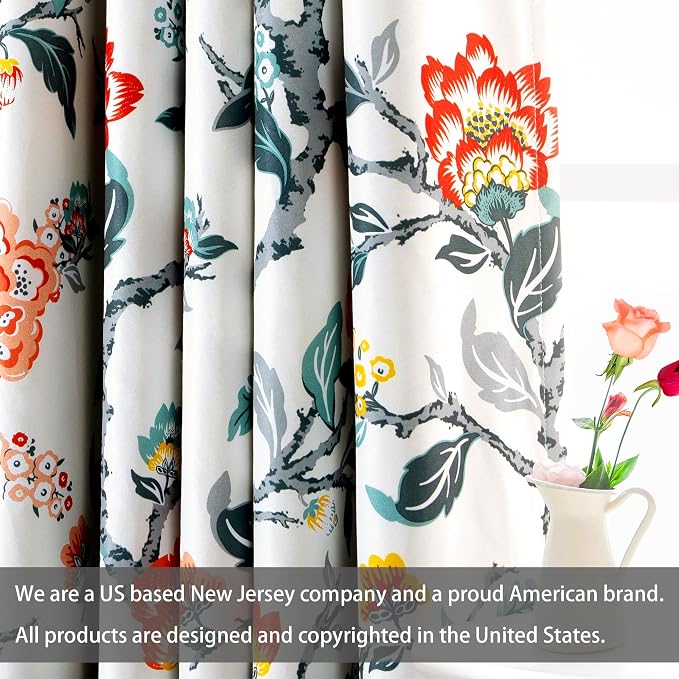 DriftAway Ada Floral Botanical Print Flower Leaf Lined Thermal Insulated Room Darkening Blackout Window Curtains 2 Layers Set of 2 Panels Each 52 Inch by 102 Inch Ivory Orange Teal