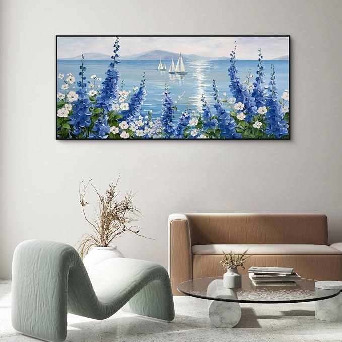 XLSJERST Coastal Painting Picture - Extra Large 70x31 Inches Sailboat Wall Art Nautical Flower Blue Canvas Print Framed Artwork for Living Room Bedroom Home Decoration
