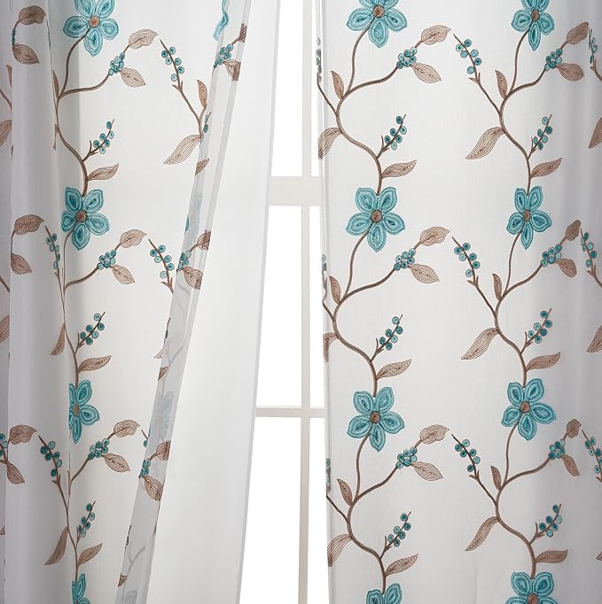 Petrichor Embroidered Sheer Curtain 2 Panels Set - Luxury Window Curtain Attached Valance with Satin Backing and 2 Tie Backs for Living Room,Dining Room, 54x63 inches, Turquoise
