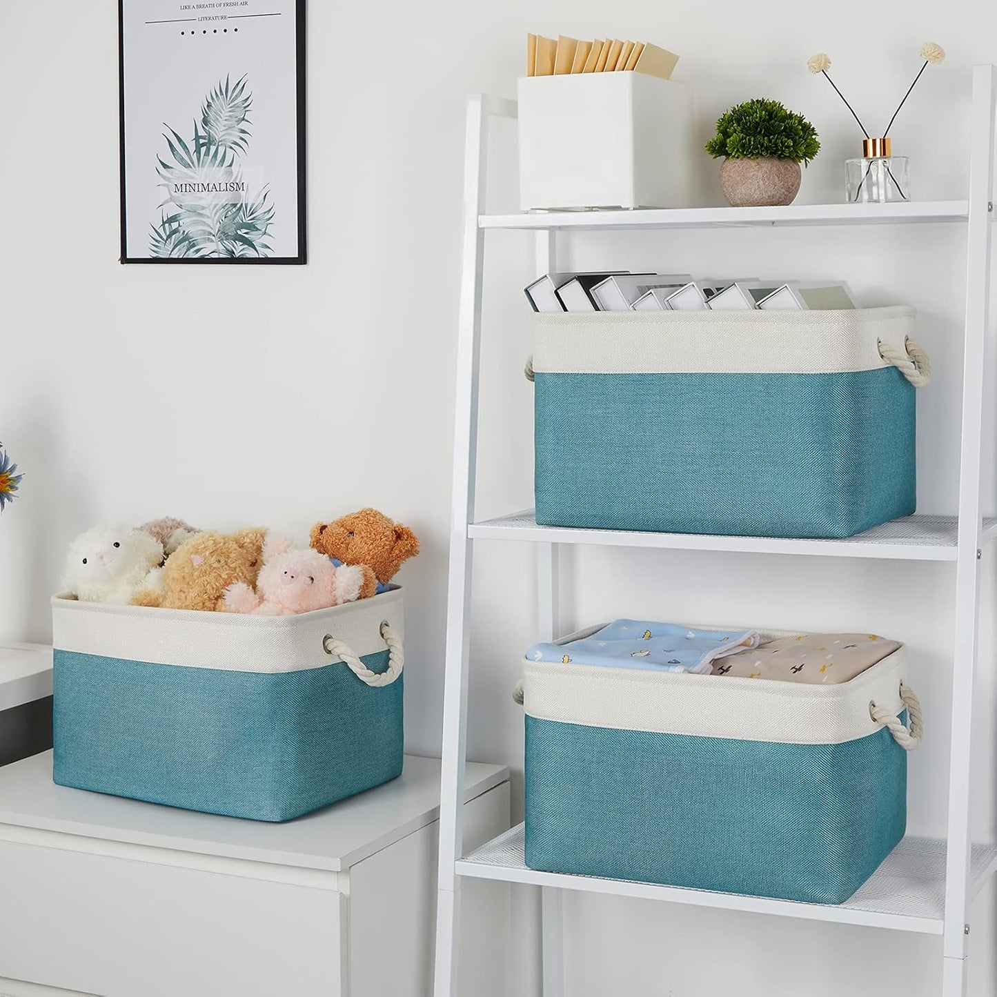 Bidtakay Basket Storage Bins with Handles Fabric Large Storage Baskets for Organizing Set of 3 Collapsible Rectangular Basket for Shelves Closet Organizer 15 X 11 X 9.5 Inches(White&Teal Blue)