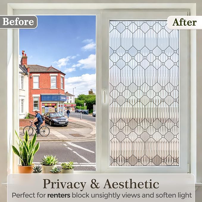 SUNBABY Reeded Glass Window Privacy Film, Decorative Frosted Glass Window Film for Bathroom & Front Door, 3D Static Cling Window Coverings Day and Night Privacy Sun Heat Blocking (23.6 x 78.7 Inch)