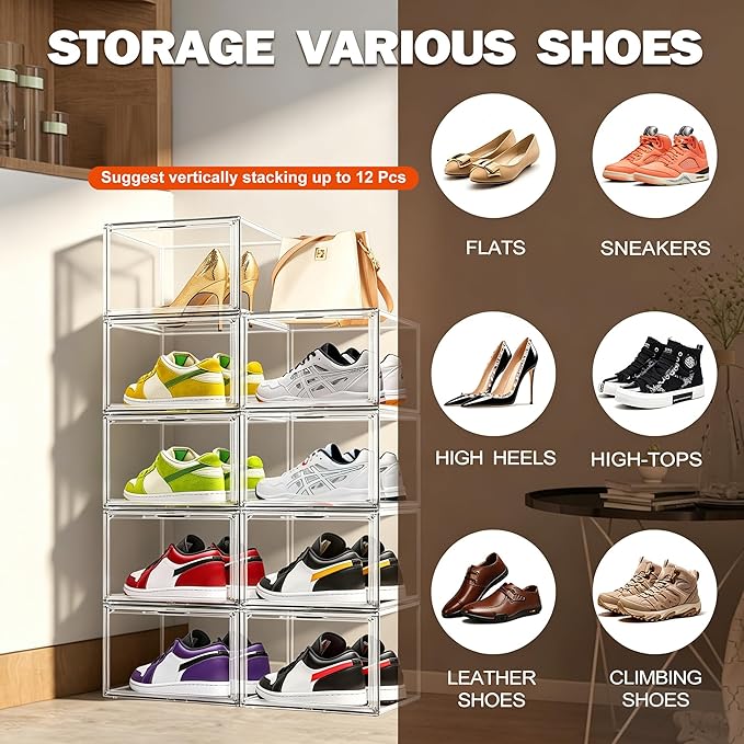Clear Acrylic Shoe Storage Boxes 12 Pack, Size 14 Stackable Shoe Organizer with Magnetic Door, Space-Saving Sneaker Containers for Closet, Entryway, Transparent Display Case for Boots & Shoes