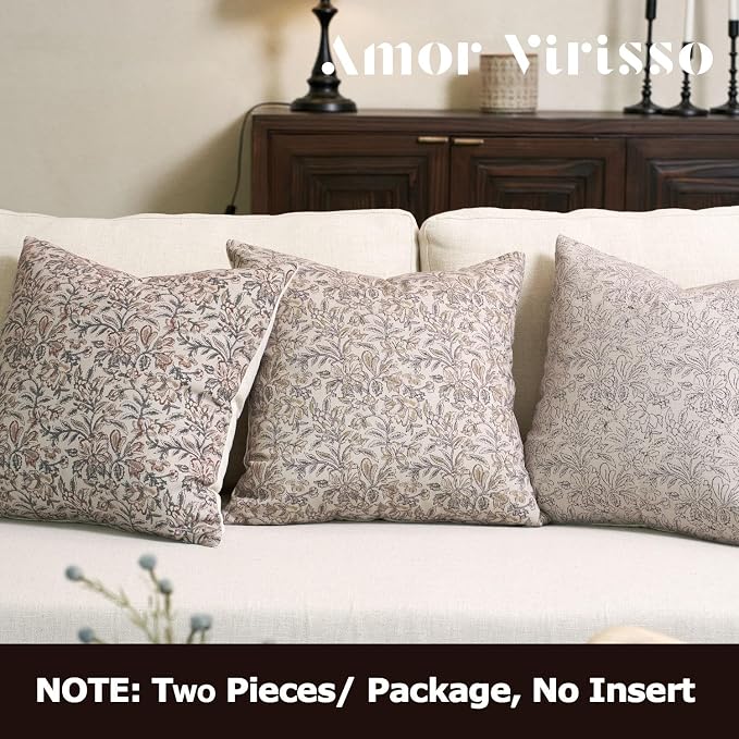 Amor Virisso Floral Throw Pillow Covers 24x24 Set of 2 Vintage Block Print Pillow Covers Decorative Pillow Covers Couch Pillows for Living Room Farmhouse Accent Sofa Pillows, Yellow/Sand