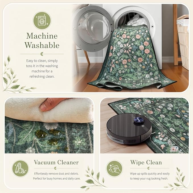 Floral 8x10 Area Rugs for Living Room, Machine Washable Vintage Rug Boho Low Pile Carpets Non Slip Soft Carpet for Farmhouse Bedroom Office Rugs, Kids Room, Nursery Room, Playroom, Green