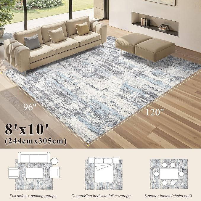 Area Rugs 8x10 Living Room: Washable Large Abstract Modern Neutral Soft Rug Stain Resistant Non-Slip Backing Carpet for Bedroom Dining Room Indoor Nursery Dorm Home Office Decor - Blue Grey