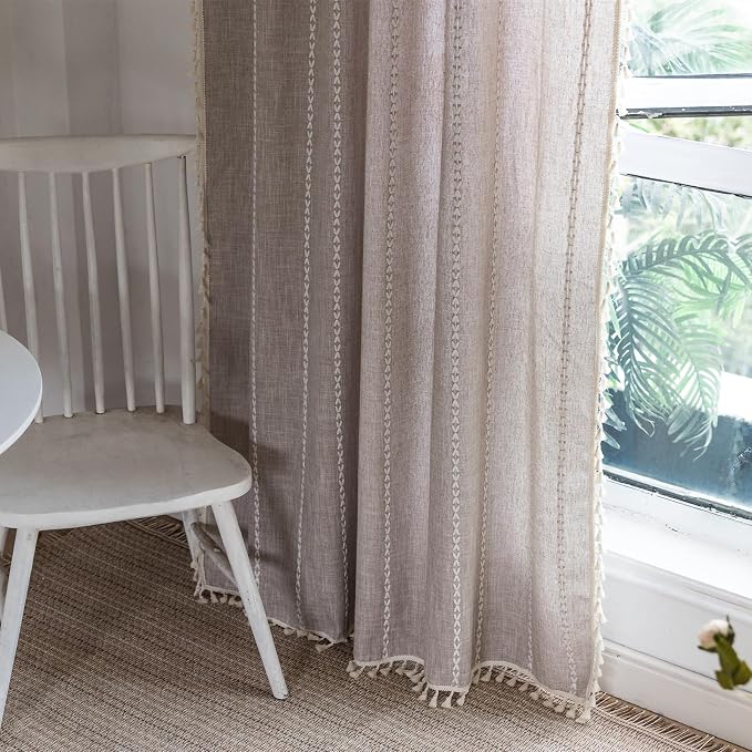 RoomTalks Boho Farmhouse Curtains for Bedroom Living Room 96 Inch Length 2 Panels in Tan French Cabin Rustic Country Cute Cotton Polyester Window Curtain Panels Bohemian Chic Tassel Draperies