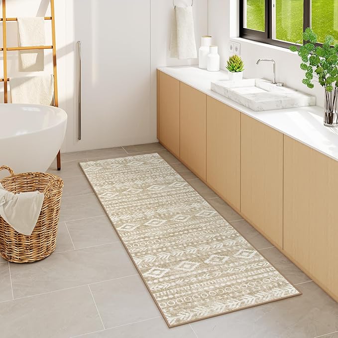 Lahome Boho Geometric Washable Runner Rug, 2x6 Low-Pile Tan Long Bathroom Runner Rug Non Slip Washable, Rustic Print Pattern Soft Bedroom Carpet Runner 6ft for Entryway Laundry Room Varena