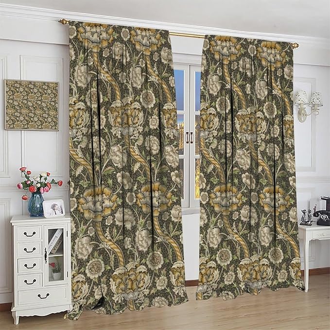 William Morris Curtains, Rustic Vintage Print Retro Flower Plant Nature Art Floral Blackout Window Treatments Drapes, for Living Room Bedroom Kitchen 36(W)*63(L) 2 Panels