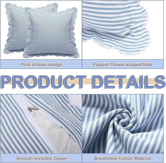 Newwiee 2 Pack Coastal Scalloped Pillow Cover 18 x 18 Inch Blue Stripe Throw Pillow Cover Cotton Decorative Pillowcase for Women Men Couch Living Room Cushion Indoor Outdoor Decoration