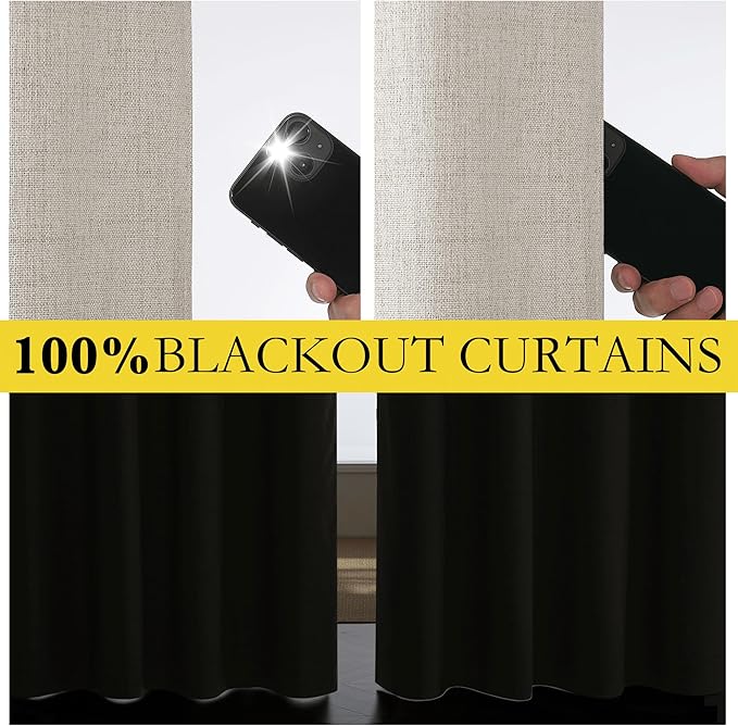 NICETOWN Brich Vintage Open Linen Weave Flax Thermal Curtains, 100% Blackout Curtains 90" Long for Dining Room, Soundproof Window Treatment Drapes for Home Office, 62" Wide Per Panel, Set of 2