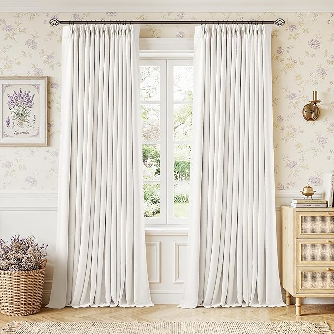 Ivory Cream Pleated 100% Blackout Linen Curtains 86 Inches Long for Bedroom Living Room Memory Trained Pinch Pleat Back Tab Black Out Thermal Noise Blocking Double Layer Windows Drapes 2 Panels Set