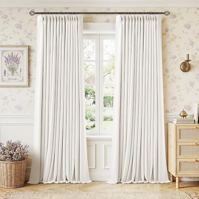 Pinch Pleated Blackout 108 Inch Bedroom Curtains 2 Panels Set Linen Dual Layer Soundproof Farmhouse Window Drapes for Living Room with Back Tab 100% Black Out Window Drapes Ivory Cream Off White
