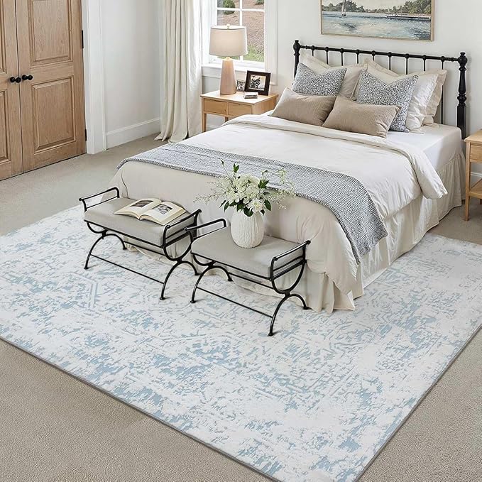 5x7 Fluffy Area Rug Blue Shag Neutral Throw Carpet for Living Room Soft Medium Pile Floral Throw Rug for Bedroom Dorm Office Dining Room Kitchen Modern Decor
