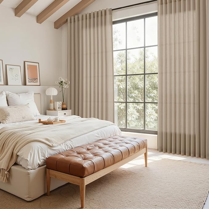 Sepia Beige Linen Curtains 108 Inches Long for Living Room Farmhouse Decor Light Filtering Semi Sheer Curtain Back Tab Rod Pocket Neutral Floor to Ceiling High Window for Bedroom 52x108, 2 Panels