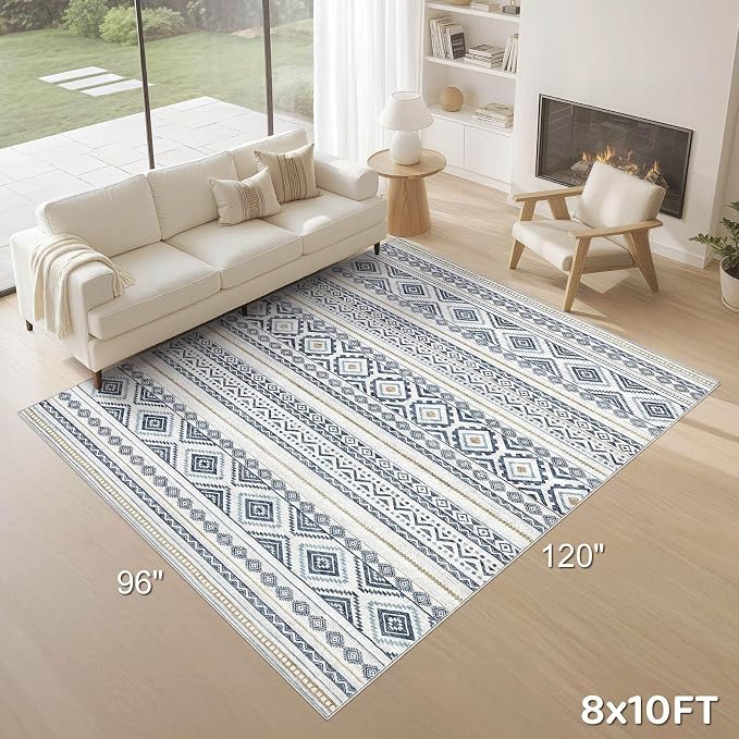 cotiled 8x10 Area Rugs Living Room Rug: Washable Boho Rugs with Non Slip Backing Large Soft Indoor Stain Resistant Carpet for Bedroom Farmhouse Dining Room Lightweight Home Decor Blue