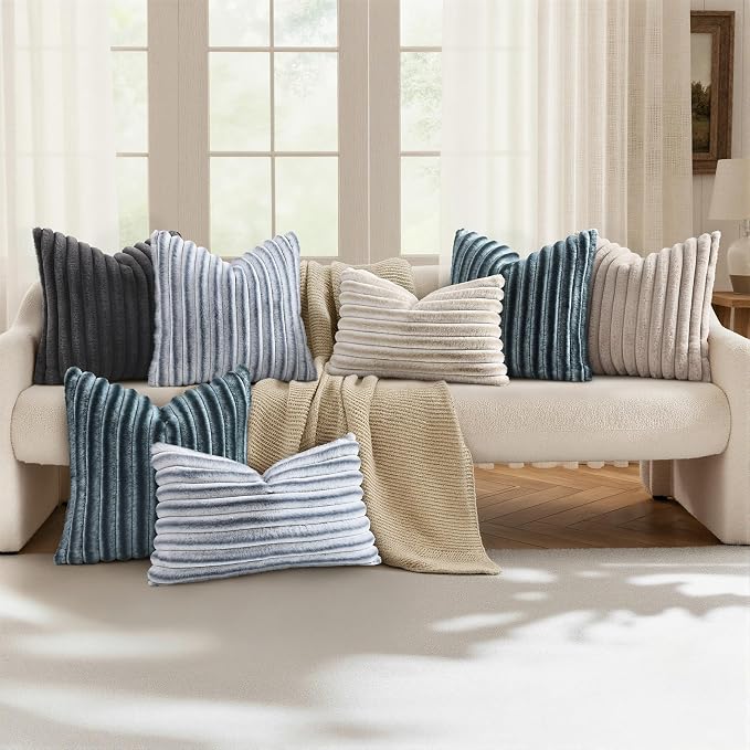 decorUhome Fall Cozy Faux Fur Throw Pillow Covers 20x20 Set of 2 Decorative Soft Plush Striped Modern Farmhouse Boho Couch Pillow Cases with Velvet Back for Sofa Bed Living Room, Grey White