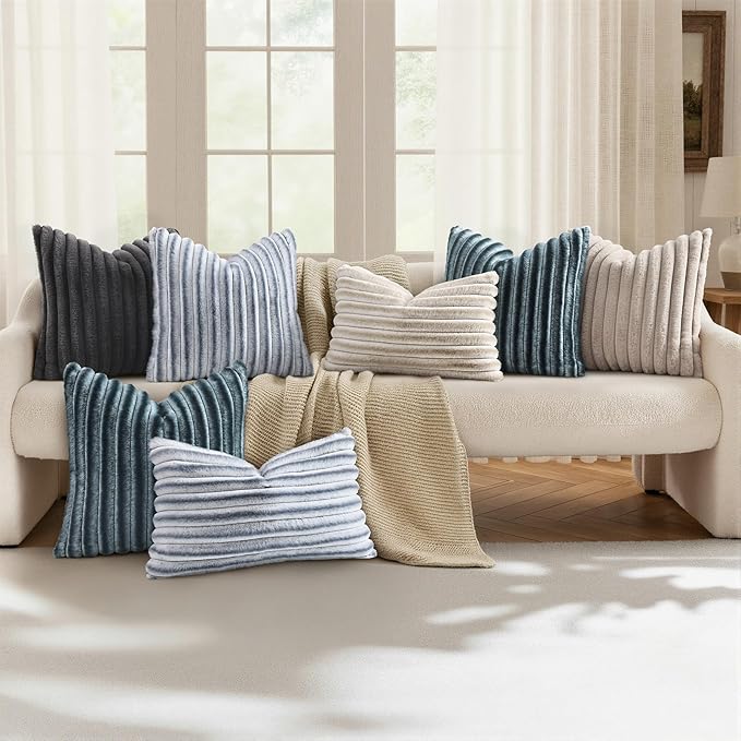 decorUhome Fall Cozy Faux Fur Throw Pillow Covers 26x26 Set of 2 Decorative Soft Plush Striped Modern Farmhouse Boho Couch Euro Sham Pillow Cases with Velvet Back for Sofa Bed Living Room, Blue Grey