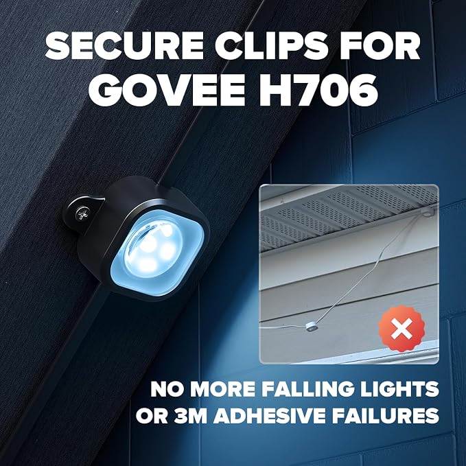 Vokelater 100Pcs Light Clips for Govee H706, Mounting Brackets Compatible with Govee Pro Permanent Outdoor Lights Extension, 200pcs Screws Secure Installation - Black