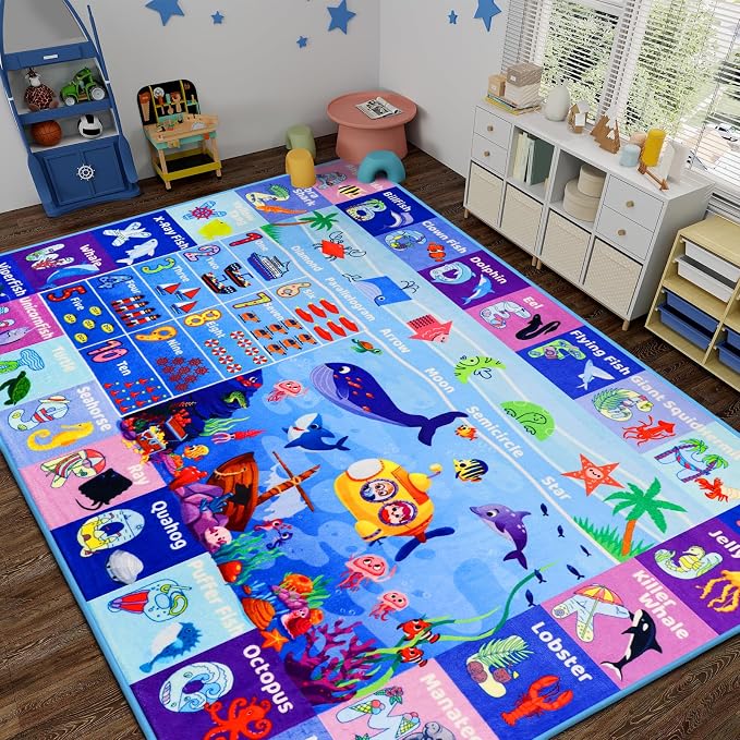 Large Interactive Ocean World Learning Rug with ABC, Sea Animals, Numbers & Shapes for & Preschoolers, Washable Non-Slip Carpet for Playroom, Nursery & Homeschool, 5'"×6'7"