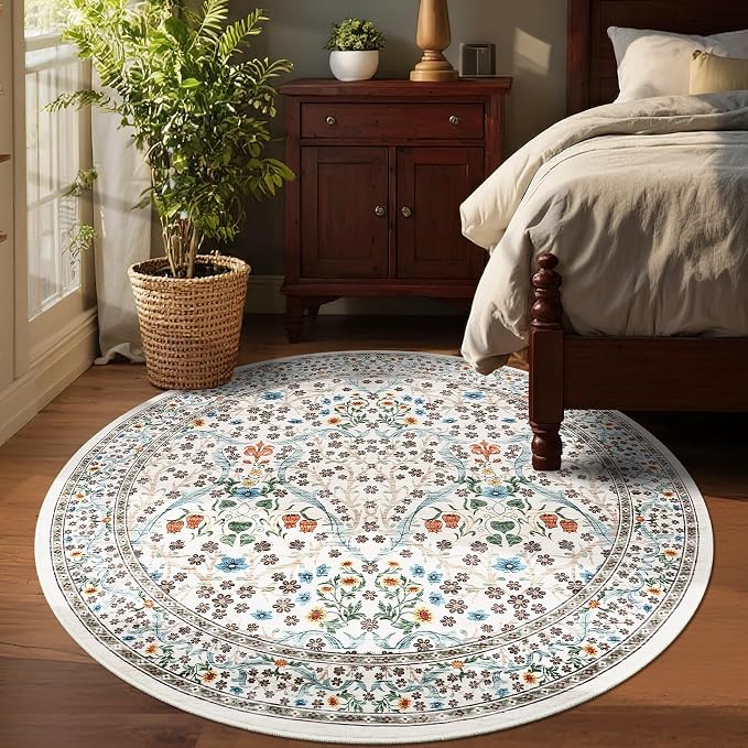 GarveeHome Beige Ivory Floral 6 ft Round Rug Washable Non-Slip Soft Low Pile Circle Carpet Vintage Rugs for Kitchen Bedroom Nursery Dining Living Room