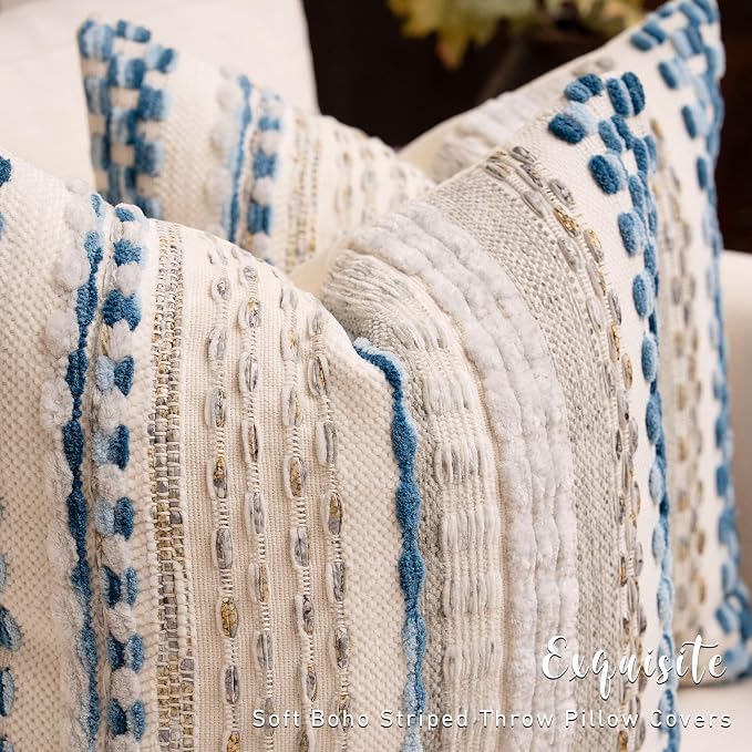 Boho Chenille Tufted Throw Pillow Covers 18x18 Inch Set of 2 Farmhouse Grey Blue Woven Striped Decorative Pillowcases for Couch Sofa Bed