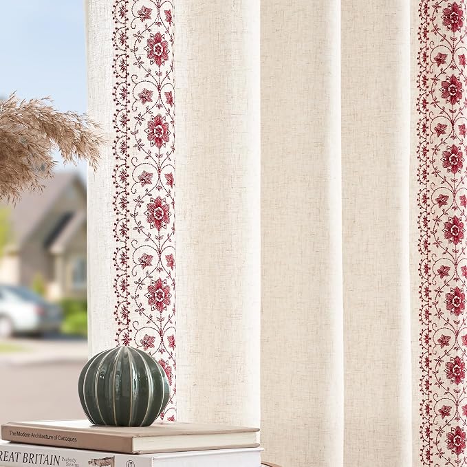 jinchan Boho Curtains for Bedroom Red Vintage Floral Farmhouse Curtains 63 Inch Linen Blend Drapes for Living Room Embroidered Light Filtering Drapes Rod Pocket Red on Beige 2 Panels