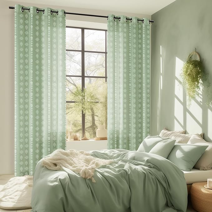 Sage Green and White Cottage Core Curtains for Nursery, Boho Floral Linen Sheer Vine Botanical Cottagecore Curtains for Living Room Bedroom, Wide 50 x 96 Inches Long, 2 Panels Set