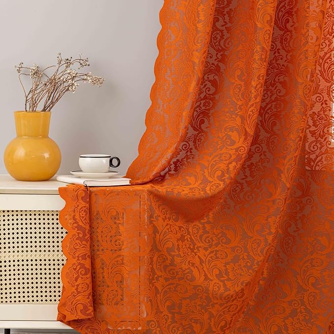 ALIGOGO Burnt Orange Curtains 72 Inch Length for Bedroom, Elegant Semi Sheer Lace Floral Drapes, Rust Boho Rod Pocket Privacy Terracotta Curtains 2 Panels, 52 x 72 Inch, Orange