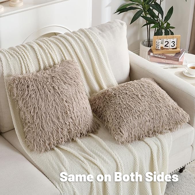 FUTEI Pack of 2 Faux Feather Plush Throw Pillow Covers 20x20 Inch Soft Fluffy Solid Farmhouse Decorative Cushion Cases Modern Luxury Accent for Couch Bed Living Room, Khaki