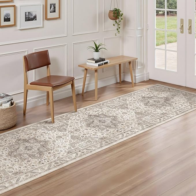 Vintage Hallway Runner Rug 2x8: Large Soft Washable Entryway for Kitchen Laundry Room Non-Slip Backing Runner for Entrance Living Room Bedroom Bathroom - Light Brown