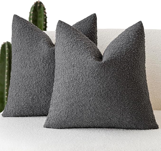Foindtower Set of 2, Decorative Textured Boucle Throw Pillow Covers Accent Solid Pillow Cases Neutral Soft Cozy Couch Cushion Case for Chair Sofa Bedroom Living Room Home Decor 24 x 24 Inch Dark Grey