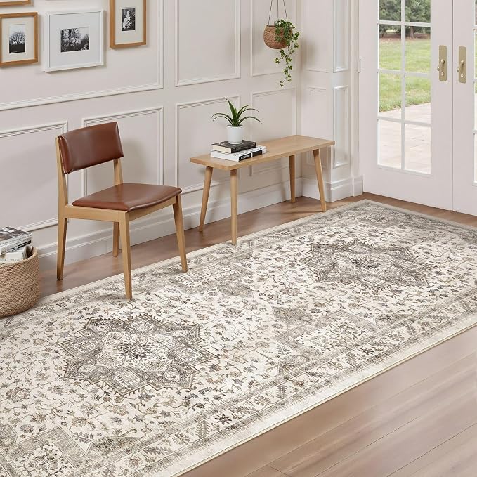 Vintage Hallway Runner Rug 3x12: Large Soft Washable Entryway for Kitchen Laundry Room Non-Slip Backing Runner for Entrance Living Room Bedroom Bathroom - Light Brown