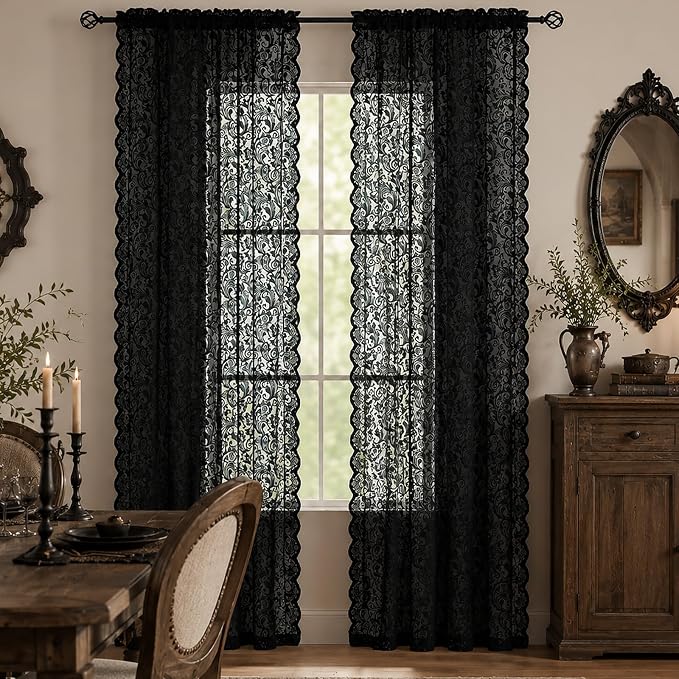 ALIGOGO Black Sheer Lace Curtains 96 inches Long Victorian Gothic Curtain Panels with Paisley Floral Patterns Retro Curtains for Living Room Halloween Decor Set of 2 52 x 96 Inch Black